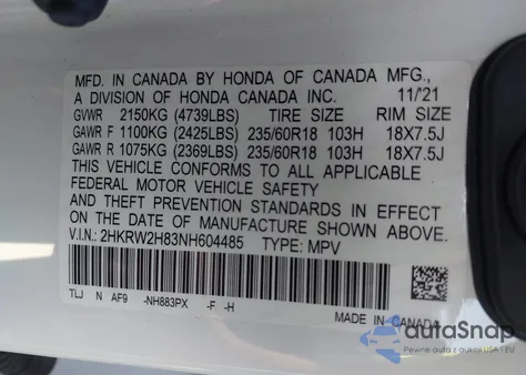 2022 Honda Cr-V Awd Ex-L from USA, damaged, VIN 2HKRW2H83NH604485